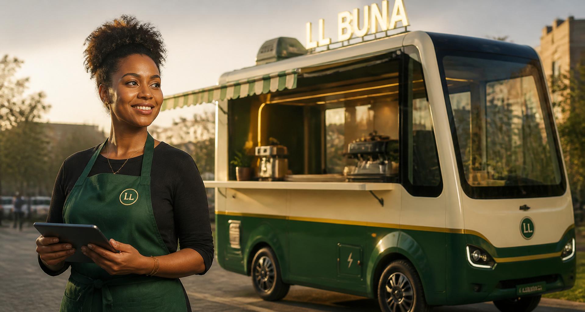 Concept portrait: a future LeyuLomi franchisee standing beside an LL Buna truck